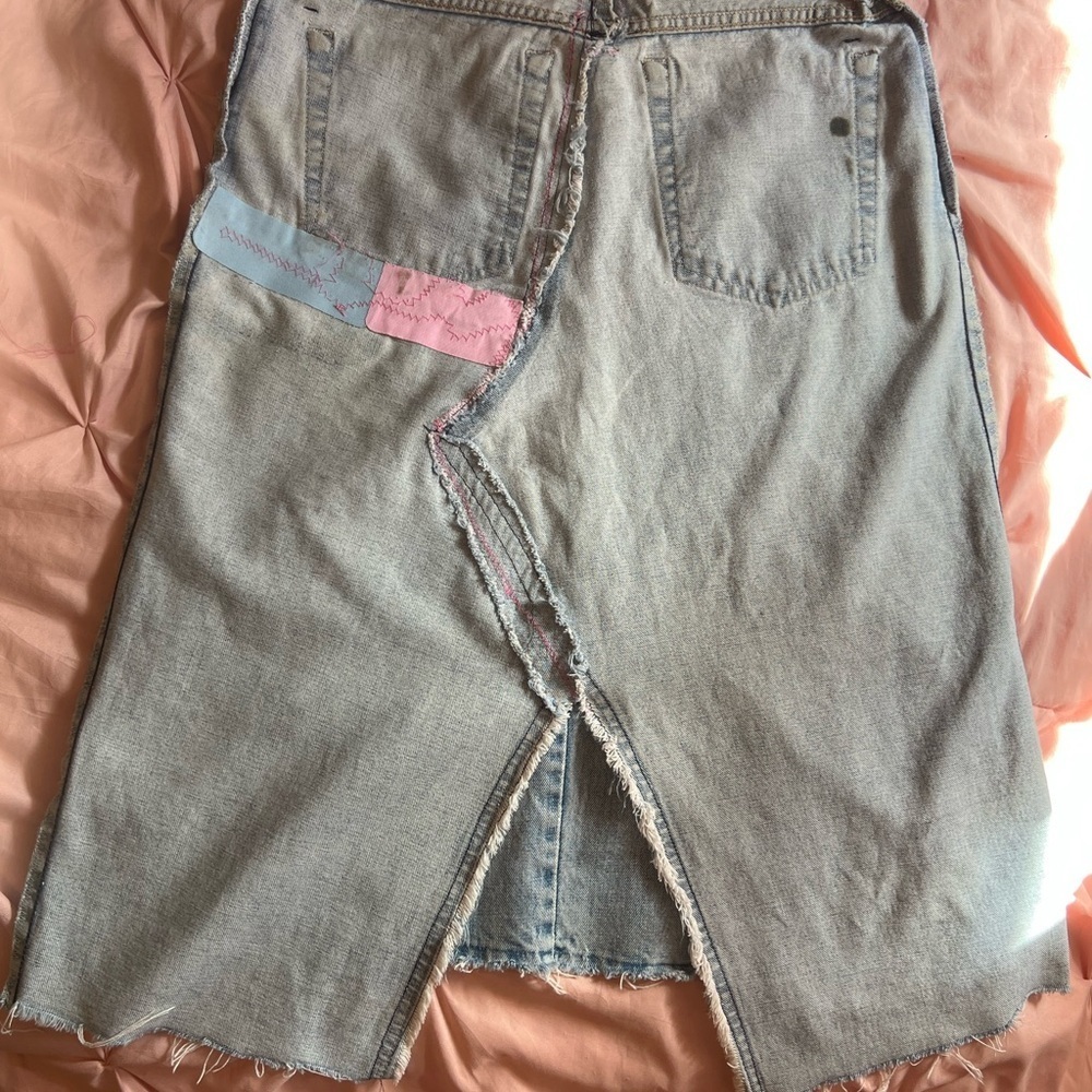 Handmade A-Line Denim Skirt with Cherry Blossom patches and Zipper Closure. - Picture 8 of 14